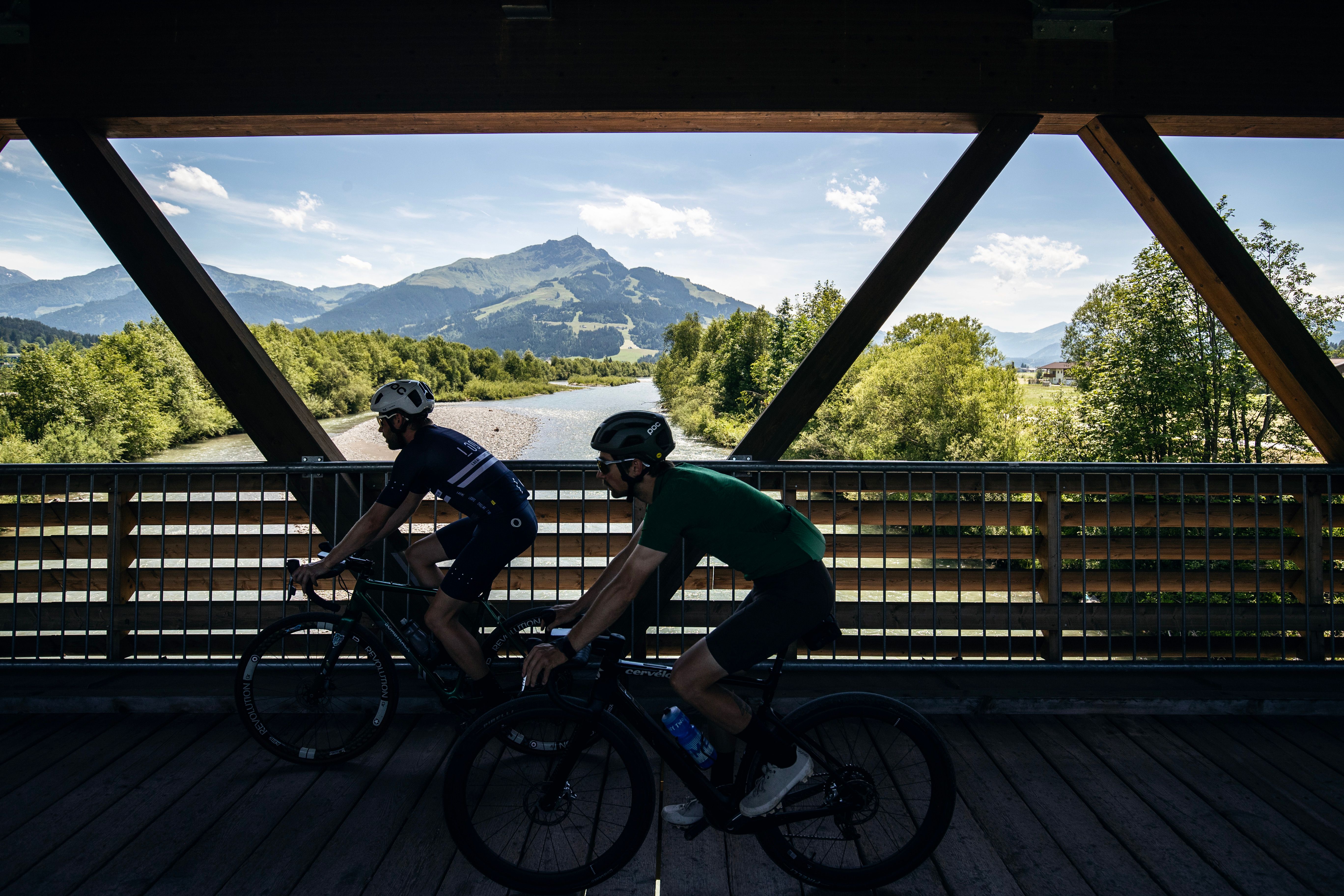 Impressive Bridge crossing the Großache River on the cycking path to St. Johann in Tirol.