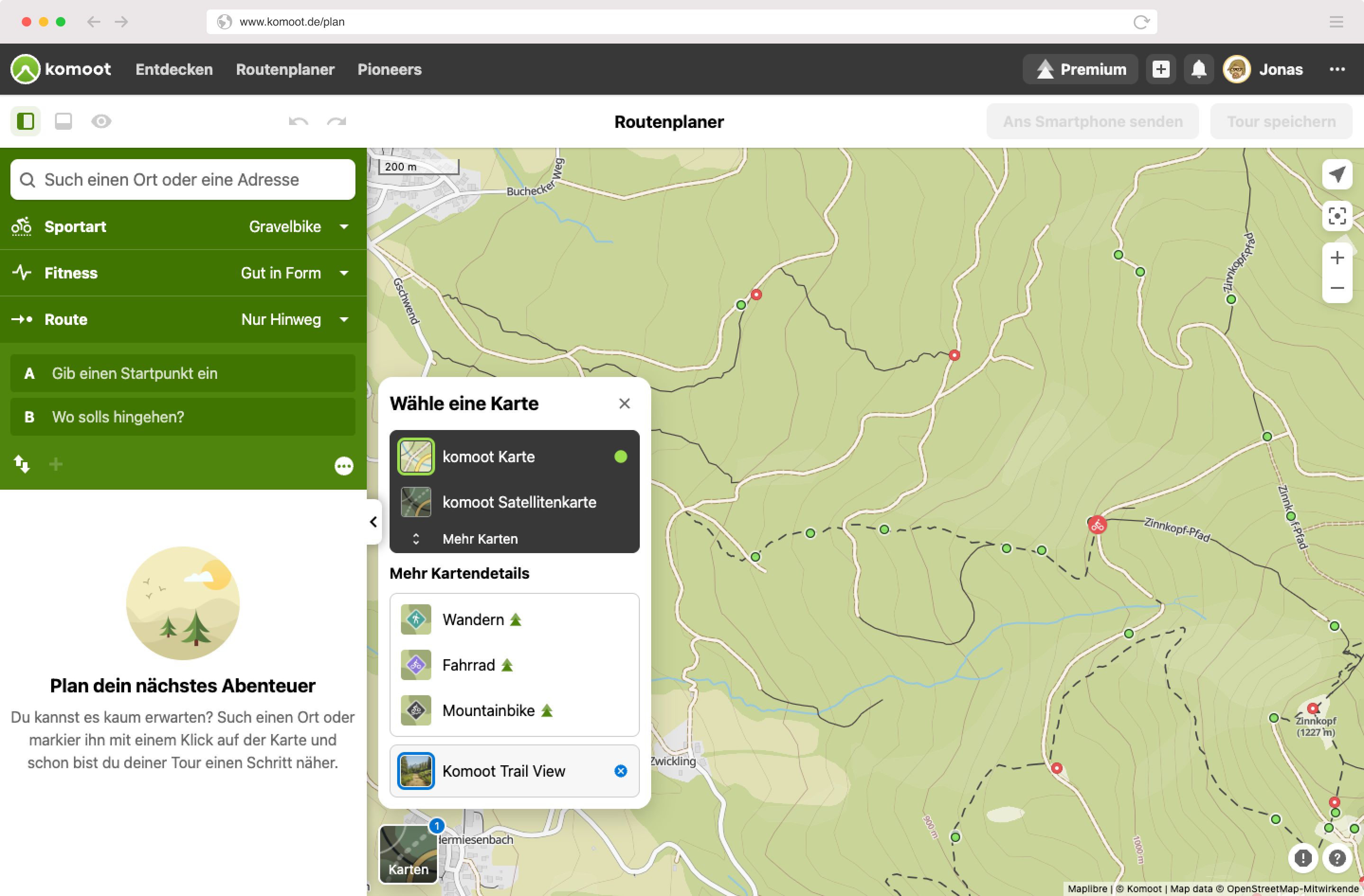 You can activate komoot Trail View in the route planner in the maps menu.