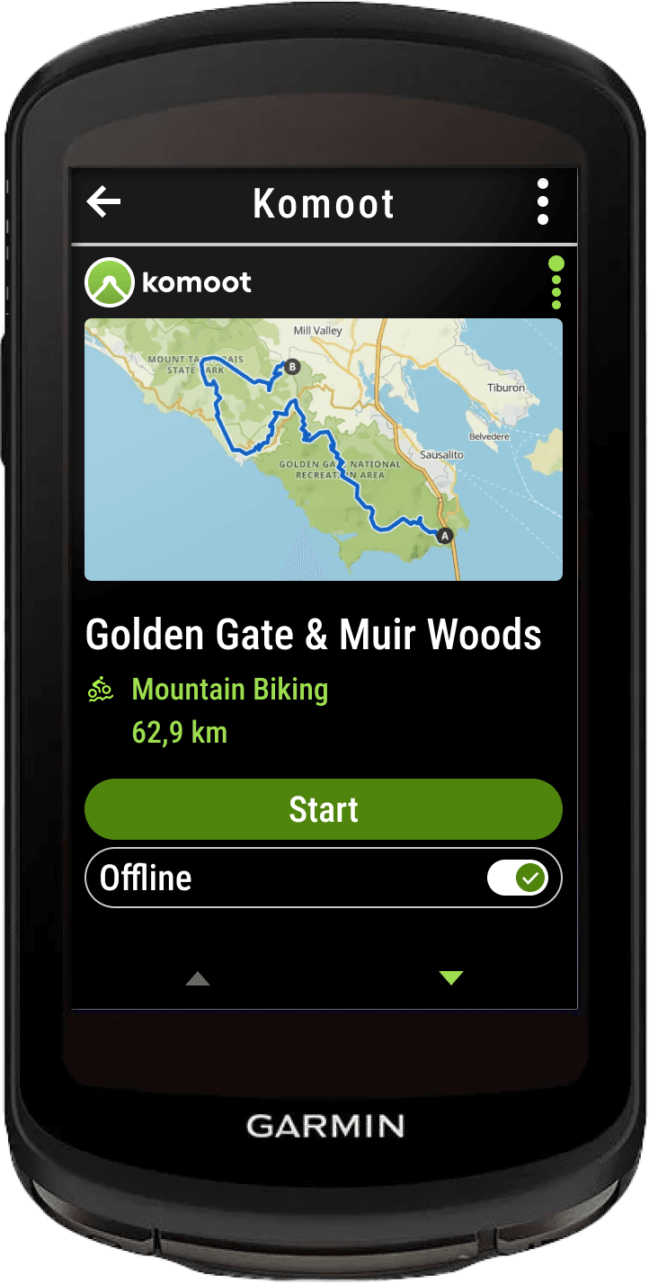 Nachdem du eine Tour an Ihr Garmin-Gerät gesendet hast, wird die Routenkontur auf Ihrem Garmin-Gerät angezeigt.