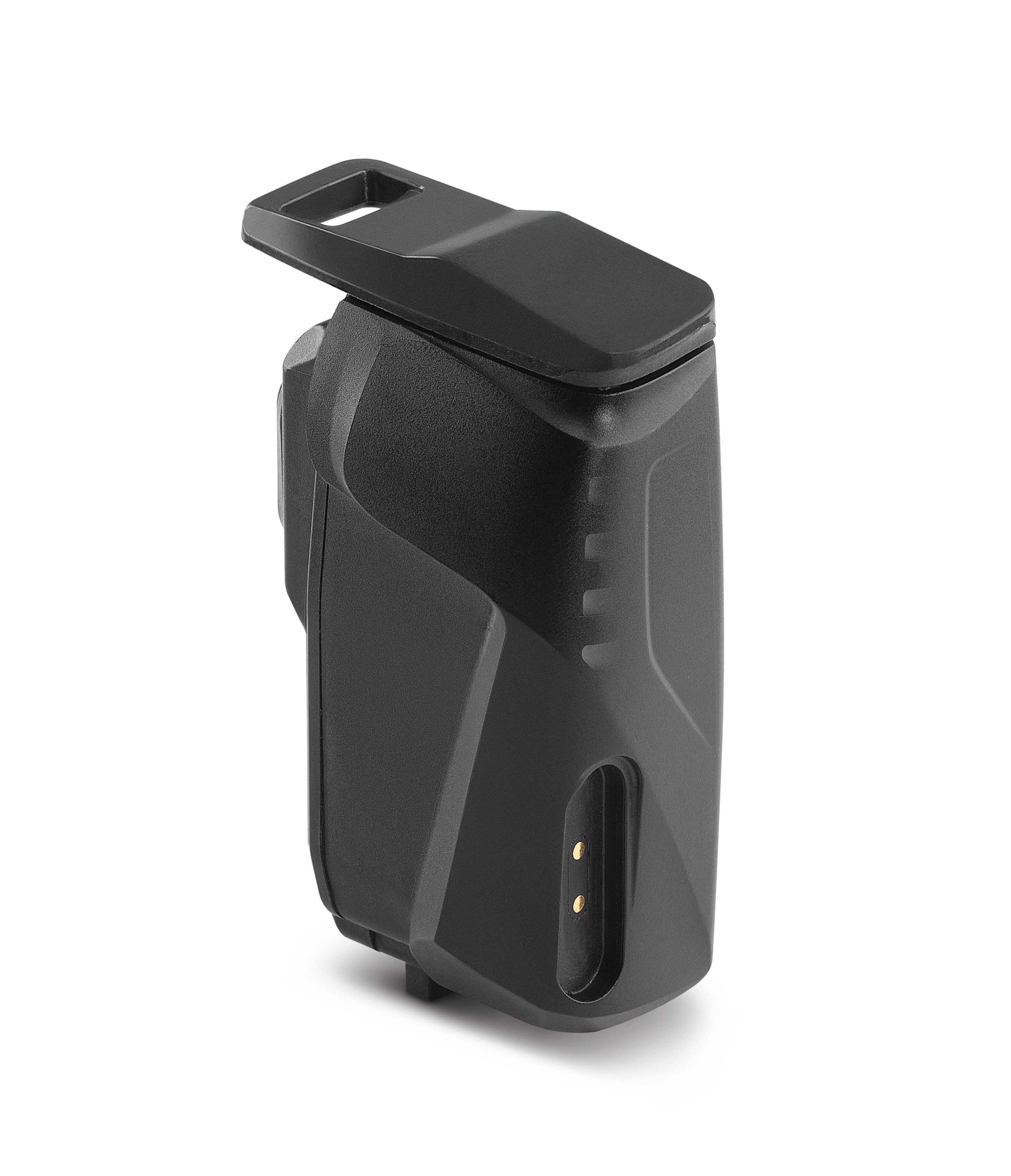 Removable battery from Super Record Wireless 2023 front derailleur with magnetic clip on charging port.