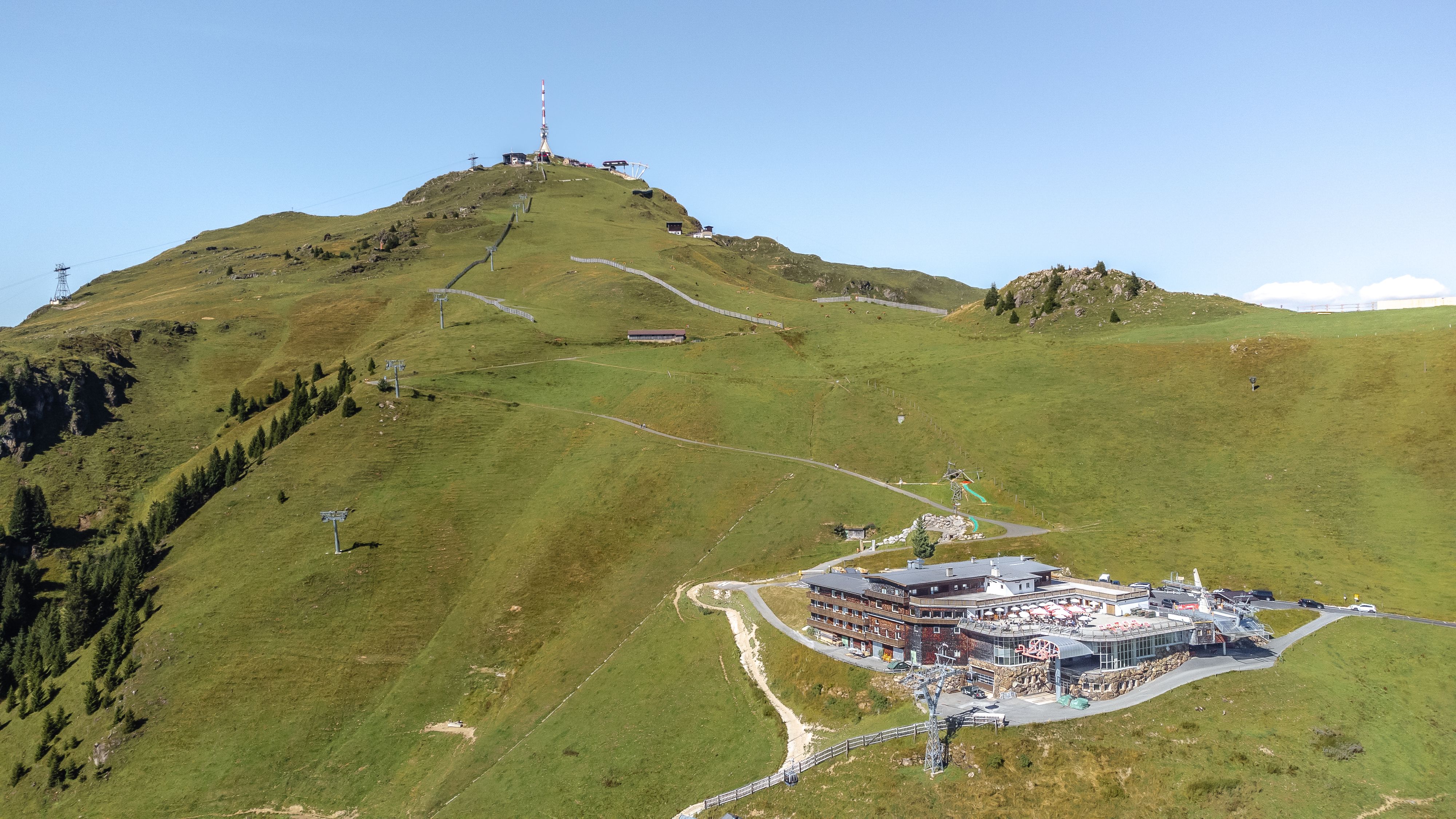 The famous top of Kitzbüheler Horn with the Alpenhaus in front is a legendary climb for cyclists in Tyrol, Austria.