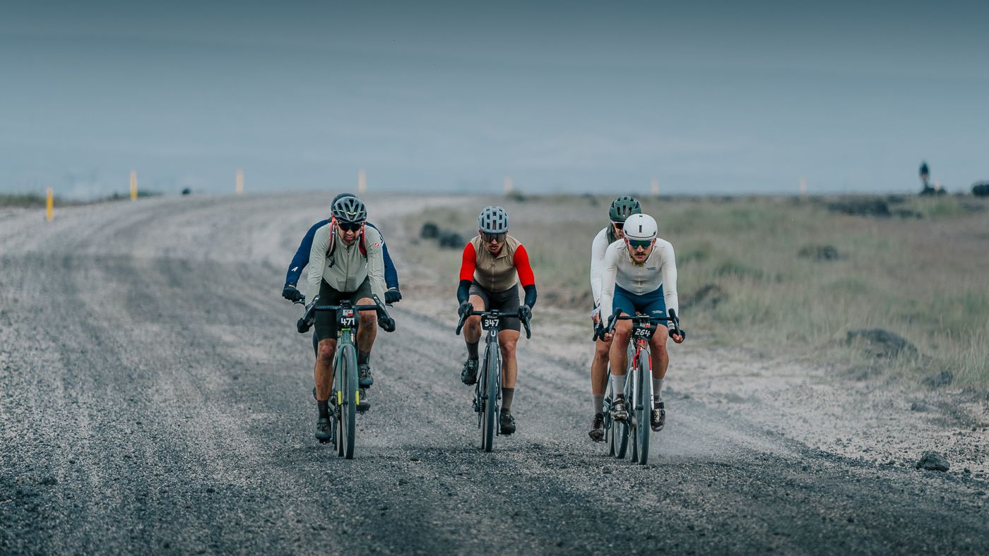 Christoph fighting to stay with a fast group on rough washboard gravel in Iceland.