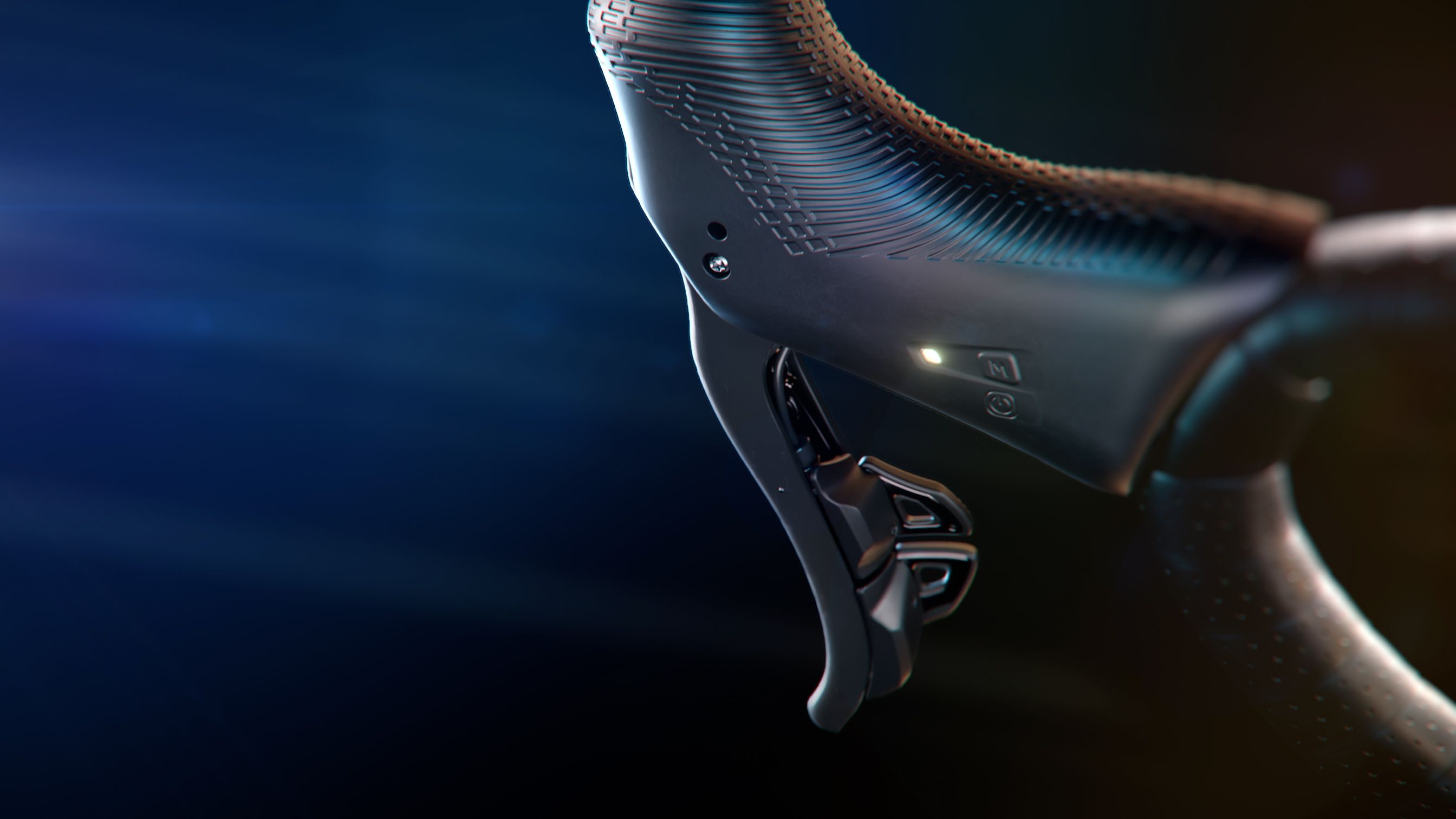 An LED light on the inside of the Campagnolo Super Record Wirless levers indicates battery status and connectivity.