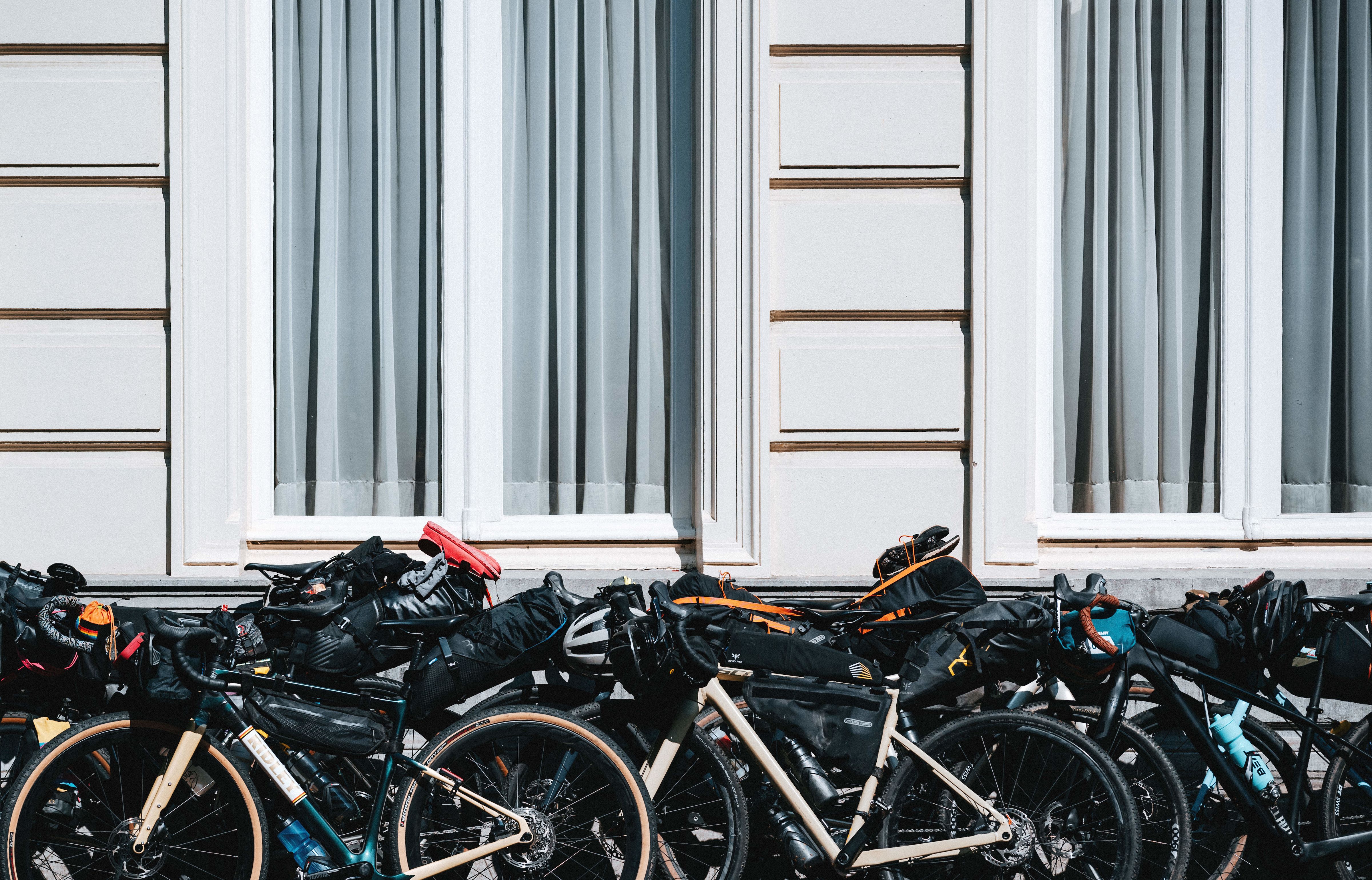 Bikes stacked up in Breda for the start of the IRIS x komoot Women's weekender.