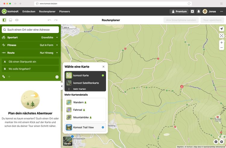 You can activate komoot Trail View in the route planner in the maps menu.