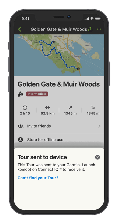 Once you send a route on komoot to your Garmin device, you need to open it in the Garmin IQ App.