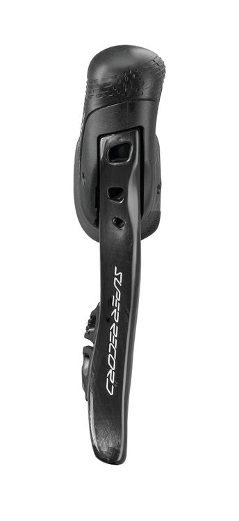 The new Ergopower levers from the Campagnolo Super Record Wireless have new buttons and still feature the iconic cutouts in the carbon lever.