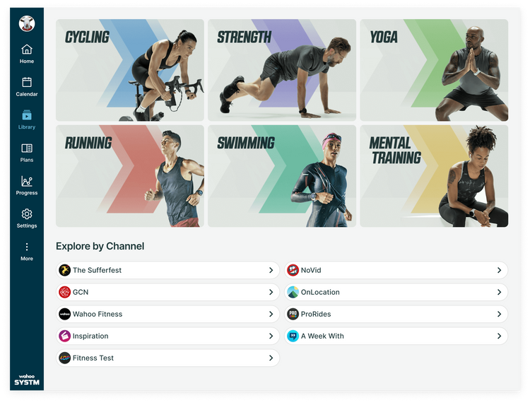 Wahoo SYSTM out of Wahoo X offers you ready to go training sessions for 6 different sports! Cycling, Strength, Yoga, Running, Swimming and Mental Training.