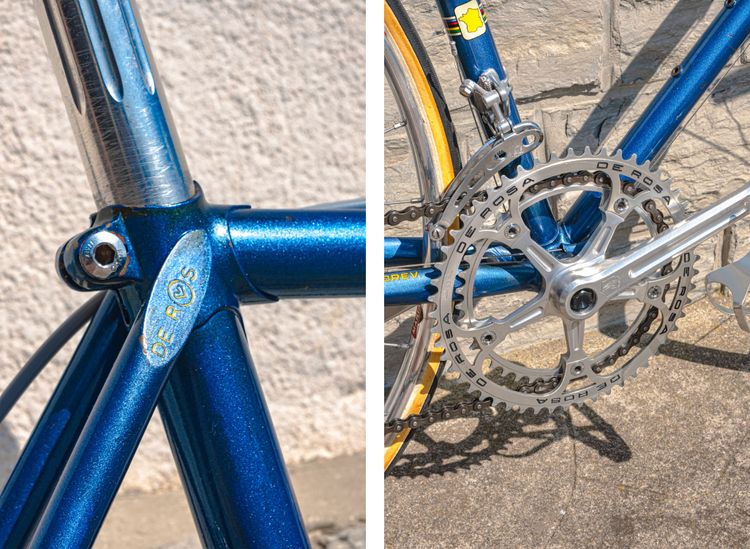 Salami-slice shaped De Rosa seatstay and De Rosa engraved Campagnolo Super Record Chainring