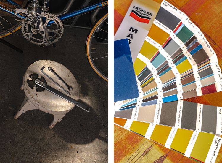 Vecchi altrezzi campagnolo e palette colori trovata in una vecchia carrozzeria.